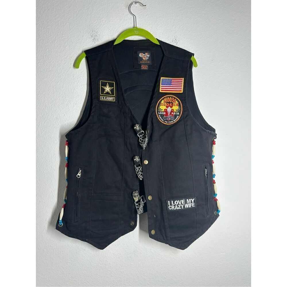 Rare Vance Biker Wear Black Embroidered Vest Sz M Lined Pockets Metal Trim Denim